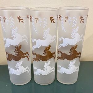 Vintage 1950s Libbey Cavalcade Set of 3 Frosted Glasses with Horse Motif.